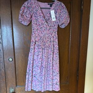 French Connection Pink and Purple Puff Sleeve Midi Dress